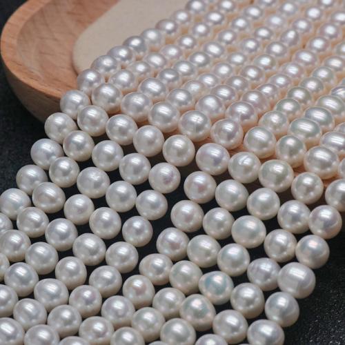 Naturliga sötvattenspärla lösa pärlor, Freshwater Pearl, Något rund, guldfärg pläterade, DIY, vit, 6-7mm, Såld Per 37 cm Strand