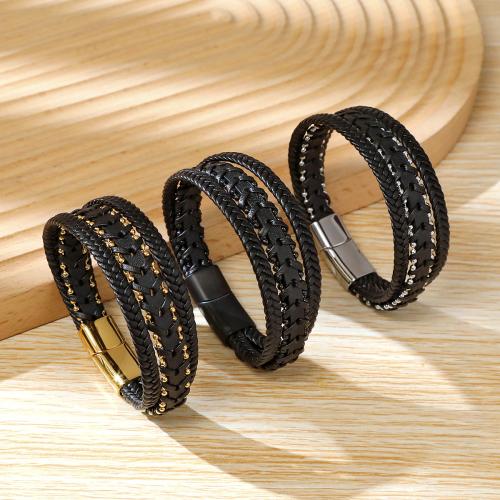 Bracelets cordon PU, Acier inoxydable 304, avec Microfibre PU, fait à la main, trois couches & bijoux de mode & pour homme, plus de couleurs à choisir, Longueur 21 cm, Vendu par PC
