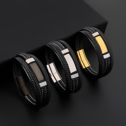 Bracelets cordon PU, Acier inoxydable 304, avec Microfibre PU & cuir de peau de vache & Acier inoxydable 316, fait à la main, bijoux de mode & multicouche & pour homme, plus de couleurs à choisir, Longueur 21 cm, Vendu par PC