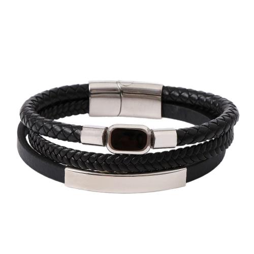 Bracelets cordon PU, Acier inoxydable 304, avec Microfibre PU & cuir de peau de vache & Acier inoxydable 316, fait à la main, trois couches & pour homme & émail, plus de couleurs à choisir, Longueur 21 cm, Vendu par PC