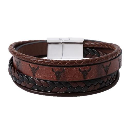 Bracelets cordon PU, cuir PU, avec alliage de zinc, fait à la main, multicouche & modèles différents pour le choix & pour homme, couleurs mélangées, Longueur Environ 21 cm, Vendu par PC