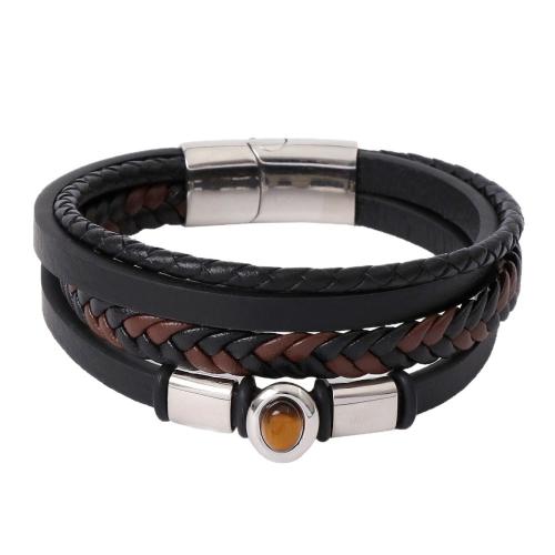 Natural Tiger Eye pulseiras, Microfiber PU, with olho de tigre & Aço inoxidável 316 & Aço inoxidável 304, feito à mão, joias de moda & multicamada & para o homem, Mais cores pare escolha, comprimento Aprox 21 cm, vendido por PC