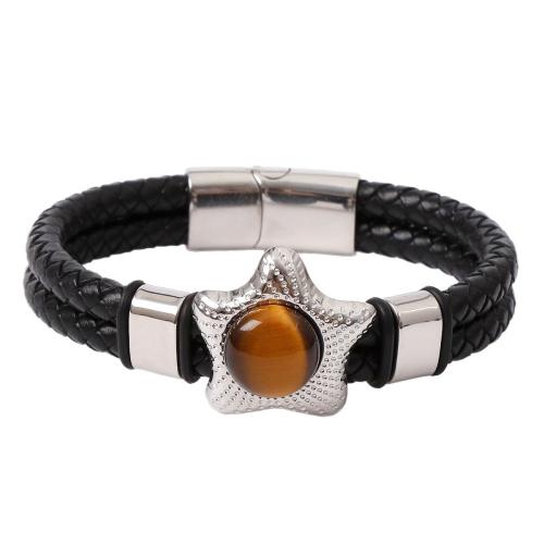 Natural Tiger Eye pulseiras, Aço inoxidável 304, with corda de Couro de vaca & olho de tigre & Aço inoxidável 316L, feito à mão, joias de moda & para o homem, Mais cores pare escolha, comprimento 21 cm, vendido por PC