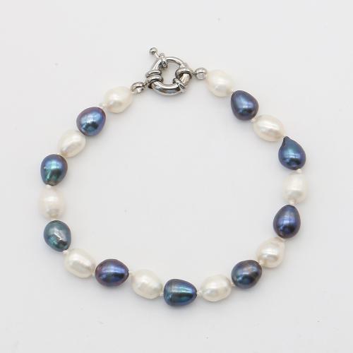 Bracelet en perles de culture d'eau douce, perle d'eau douce cultivée, avec Acier inoxydable 304, Baroque, bijoux de mode, couleurs mélangées, 6-7mm, Longueur 17 cm, Vendu par PC