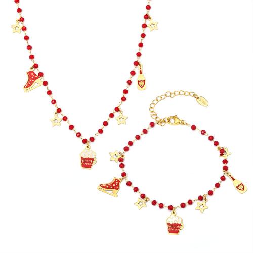 Enamel Stainless Steel Jewelry Set 304 Stainless Steel with Garnet plated & for woman golden Sold By PC