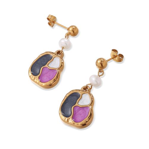 Sladkovodní Pearl náušnice, 304 Stainless Steel, s Sladkovodní Pearl, módní šperky & pro ženy & smalt, zlatý, Prodáno By Pair