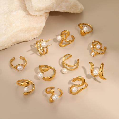 Prst prsten z nerezové oceli, 304 Stainless Steel, s Plastové Pearl, á, různé styly pro výběr & pro ženy & dutý, zlatý, Prodáno By PC