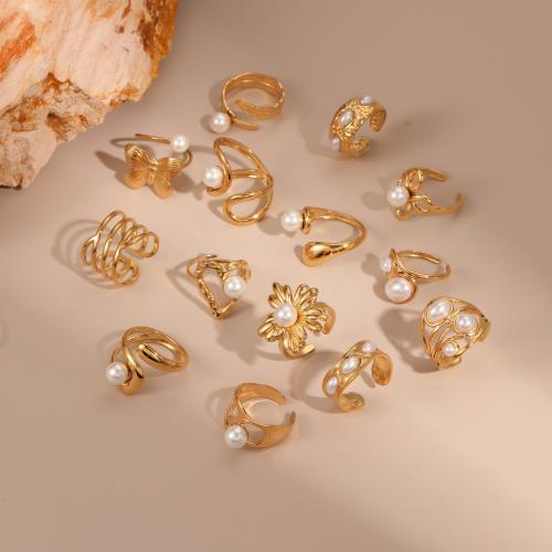 Prst prsten z nerezové oceli, 304 Stainless Steel, s Plastové Pearl, 18K pozlacené, různé styly pro výběr & pro ženy & dutý, Prodáno By PC