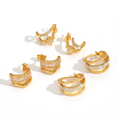 Edelstahl Ohrringe, 304 Edelstahl, goldfarben plattiert, Modeschmuck & Micro pave Zirkonia & mit Strass, goldfarben, verkauft von Paar