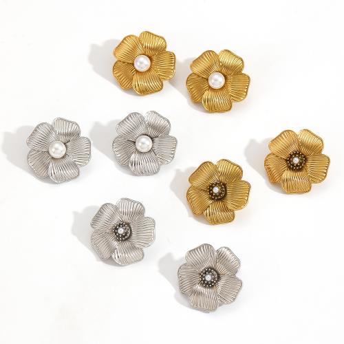 Nerezová ocel náušnice, 304 Stainless Steel, s Plastové Pearl, Květina, módní šperky, více barev na výběr, Prodáno By Pair