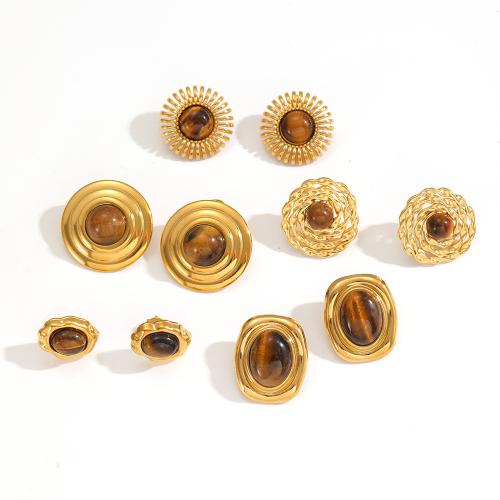 Orecchini con gemme, 304 acciaio inox, with occhio di tigre, placcato, gioielli di moda, nessuno, Venduto da coppia