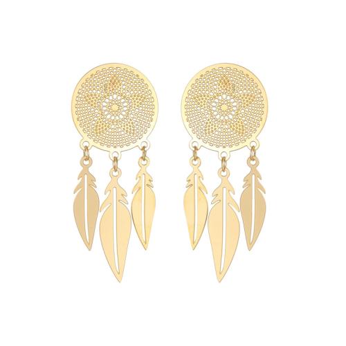 Boucle d'oreille goutte inox, Acier inoxydable 304, forme de plume, Plaqué or 18K, bijoux de mode & pour femme & creux, Vendu par paire