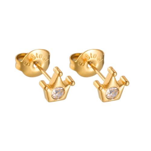 Brincos de garanhão de aço inoxidável, Aço inoxidável 304, Coroa, banhado, tamanho diferente para a escolha & para mulher & com strass, dourado, vendido por par