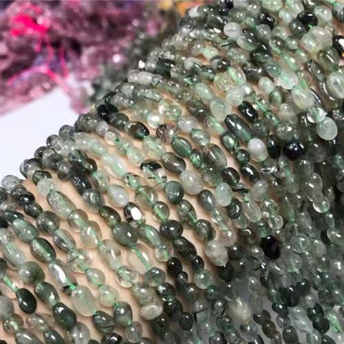 Šperky korálky přírodní křemenné, Rutilated Quartz, Nuggets, DIY, zelený, 5x7mm, Prodáno za Cca 35-40 cm Strand
