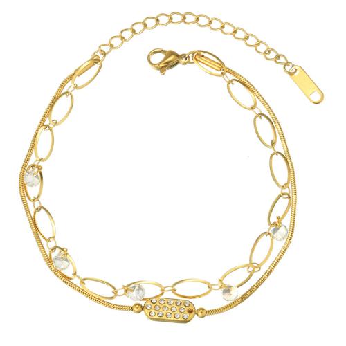 Bijoux bracelet en acier inoxydable, Acier inoxydable 304, avec cristal, Double couche & pour femme & avec strass, doré, Vendu par PC