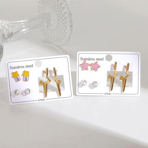 Boucle d'oreille goutte inox, Acier inoxydable 304, Placage de couleur d'or, trois pièces & styles différents pour le choix & pour femme & émail & avec strass, Vendu par fixé