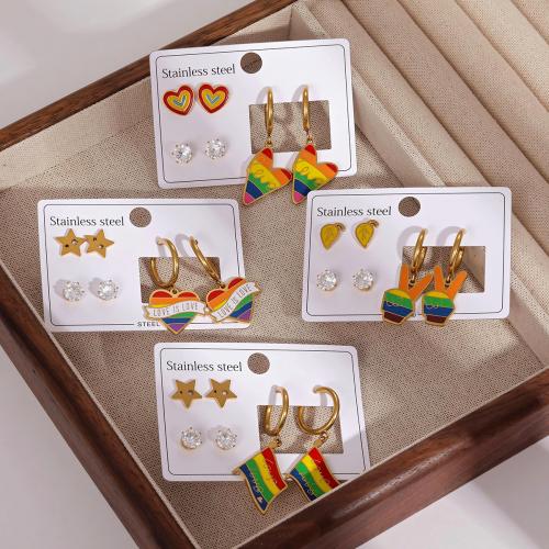 Boucle d'oreille goutte inox, Acier inoxydable 304, Placage, trois pièces & styles différents pour le choix & pour femme & émail & avec strass, doré, Vendu par fixé