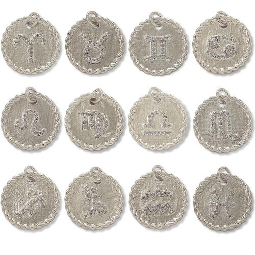 Cubique Pendentif en laiton zircon pavent, 12 Signes du Zodiaque, Placage de couleur argentée, DIY & pavé de micro zircon, argent, protéger l'environnement, sans nickel, plomb et cadmium, Vendu par PC