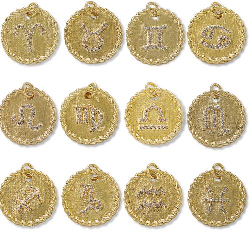 Cubique Pendentif en laiton zircon pavent, 12 Signes du Zodiaque, Placage de couleur d'or, DIY & pavé de micro zircon, doré, protéger l'environnement, sans nickel, plomb et cadmium, Vendu par PC