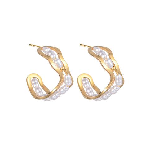 Nerezová ocel náušnice, 304 Stainless Steel, s Plastové Pearl, různé materiály pro výběr & různé styly pro výběr & pro ženy, zlatý, Prodáno By Pair