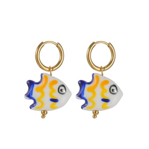 Boucle d'oreille goutte inox, Acier inoxydable 304, avec porcelaine, poisson, dessiné à la main, bijoux de mode & styles différents pour le choix & pour femme, plus de couleurs à choisir, Vendu par paire
