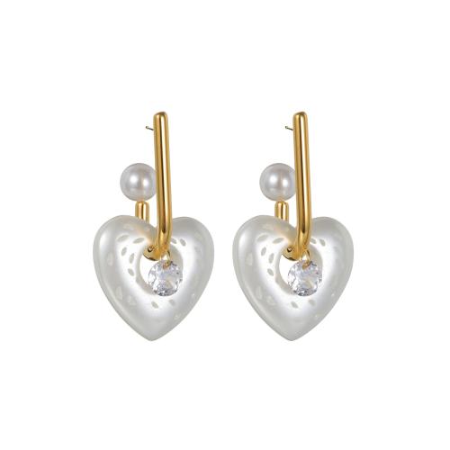 Boucle d'oreille goutte inox, Acier inoxydable 304, avec verre & perle de plastique, coeur, Placage, bijoux de mode & pour femme & creux, plus de couleurs à choisir, Vendu par paire