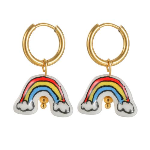 Boucle d'oreille goutte inox, Acier inoxydable 304, avec porcelaine, Placage, bijoux de mode & pour femme, doré, Vendu par paire