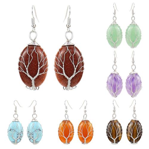 Gemstone Earrings, misto de pedras semi-preciosas, with arame de latão & liga de zinco, cromado de cor platina, joias de moda & materiais diferentes para a escolha & para mulher, vendido por par