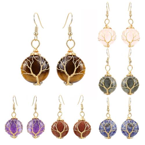 Gemstone Earrings, misto de pedras semi-preciosas, with arame de latão & liga de zinco, feito à mão, joias de moda & materiais diferentes para a escolha & para mulher, dourado, vendido por par
