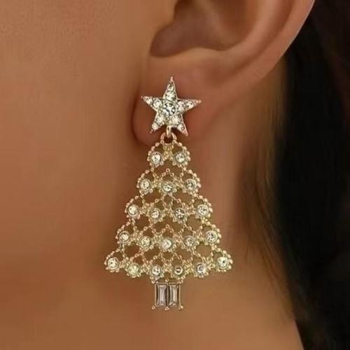 Boucles d'oreilles de Noël, alliage de zinc, arbre de noël, Placage, bijoux de mode & pour femme & avec strass, doré, 53x30mm, Vendu par paire