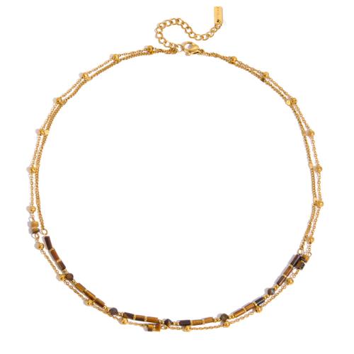 Gemstone šperky náhrdelník, 304 Stainless Steel, s Tygří oko, Dvojitá vrstva & módní šperky & pro ženy, zlatý, Prodáno By PC