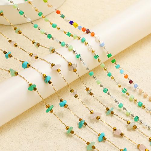 Drahokam korálkový řetěz, 304 Stainless Steel, s Přírodní kámen, barva pozlacený, DIY, více barev na výběr, Prodáno By m