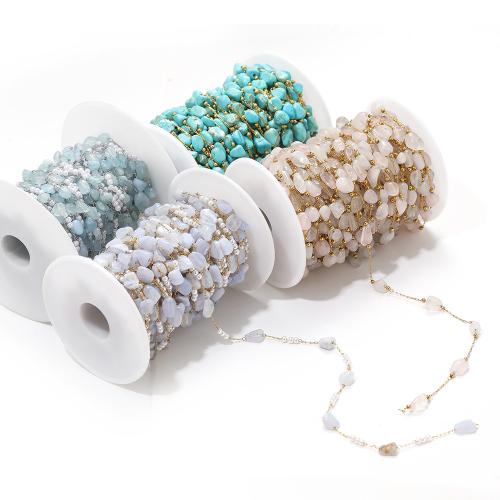 Drahokam korálkový řetěz, 304 Stainless Steel, s Přírodní kámen & Plastové Pearl, barva pozlacený, DIY, více barev na výběr, Prodáno By m