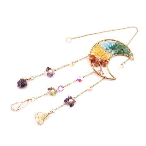 Ornements suspendus, pierre gemme, avec fil en laiton & alliage de zinc, fait à la main, pour la maison et le bureau & creux, doré, Vendu par PC