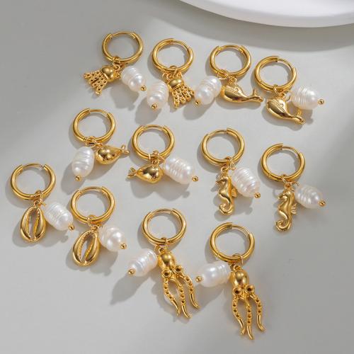 Boucle d'oreille goutte inox, Acier inoxydable 304, avec perle de plastique, Placage, bijoux de mode & styles différents pour le choix & pour femme, doré, Vendu par paire