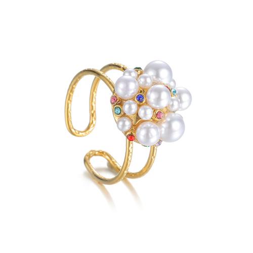 Nerezové Šatonové prst prsten, 304 Stainless Steel, s Plastové Pearl, á, různé styly pro výběr & pro ženy & s drahokamu & dutý, zlatý, Prodáno By PC