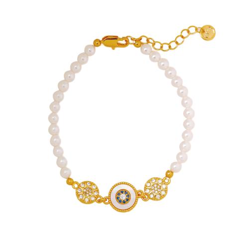 Bracelet cubique en laiton zircon pavent, avec coquille & perle de plastique, avec 3cm chaînes de rallonge, Plaqué or 18K, bijoux de mode & pavé de micro zircon & pour femme, Pearl 4mm, Longueur 16.5 cm, Vendu par PC