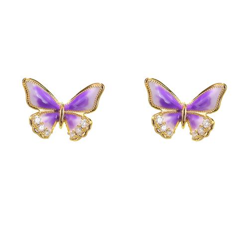 Boucles d'oreilles en laiton zircon cubique pavent, papillon, Placage, pavé de micro zircon & pour femme & émail, plus de couleurs à choisir, 14x20mm, Vendu par paire