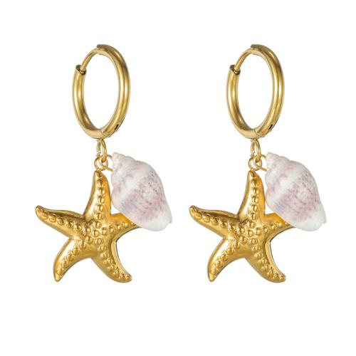 Edelstahl Tropfen Ohrring, 304 Edelstahl, mit Trompete Muschel, plattiert, Modeschmuck & verschiedene Stile für Wahl & für Frau, goldfarben, verkauft von Paar