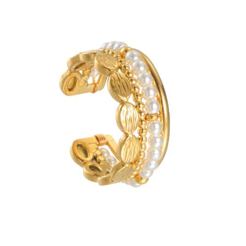 Prst prsten z nerezové oceli, 304 Stainless Steel, s Plastové Pearl, á, módní šperky & pro ženy & dutý, zlatý, Prodáno By PC