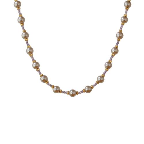 Colliers de perles de verre, laiton, avec Des billes de verre & cristal, avec 5.5cm chaînes de rallonge, Plaqué or 18K, bijoux de mode & pour femme, Pearl 6mm, Longueur 40 cm, Vendu par PC