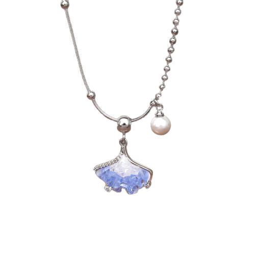 Colar de cristal, cobre, with Contas de vidro & cristal, with 5.5 extender chain, Folha, banhado, joias de moda & para mulher, cor de platina, The pendant is 2.3cm long and 1.8cm wide. Pearl 6mm, comprimento 43.5 cm, vendido por PC