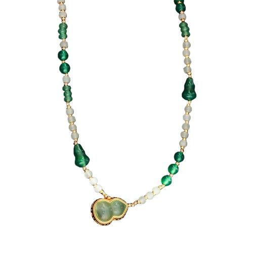 Agaat ketting, Messing, met Agaat & Kristal, met 5cm extender keten, Kalebas, 18K verguld, mode sieraden & voor vrouw, The pendant is 1.6cm long and 1.1cm wide, Lengte 42.5 cm, Verkocht door PC