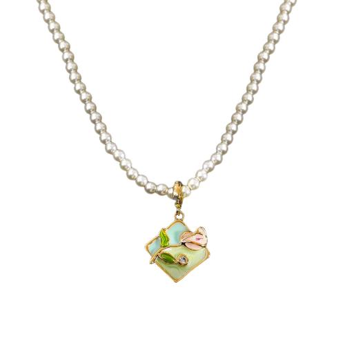 Vetro perline collane, ottone, with Perle di vetro, with 6cm extender chain, Tulipano, placcato, Micro spianare cubic zirconia & per la donna & smalto, The pendant is 2.7cm long and 1.7cm wide, Lunghezza 39 cm, Venduto da PC