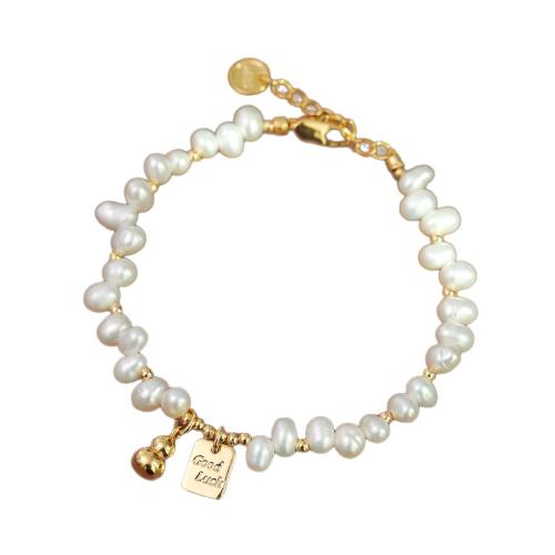 Bracelet en perles de culture d'eau douce, laiton, avec perle d'eau douce cultivée, avec 3cm chaînes de rallonge, calebasse, Plaqué or 18K, bijoux de mode & pour femme, Longueur 17 cm, Vendu par PC