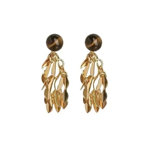 Boucles d'oreilles pendantes en laiton, avec oeil de tigre, feuille, Plaqué or 18K, bijoux de mode & pour femme, 26x20mm, Vendu par paire