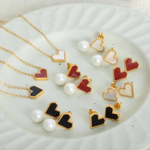 Stainless Steel smycken Ställer, armband & örhänge & halsband, 304 rostfritt stål, med Glaspärlor & White Shell & Akryl, guldfärg pläterade, mode smycken, fler färger för val, Säljs av PC