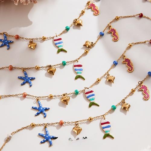 Conjunto de jóias em aço inoxidável esmaltado, tornozeleira & Bracelete / Pulseira & colar, Aço inoxidável 304, with Shell Pearl, cromado de cor dourada, joias de moda & esmalte, Mais cores pare escolha, vendido por PC