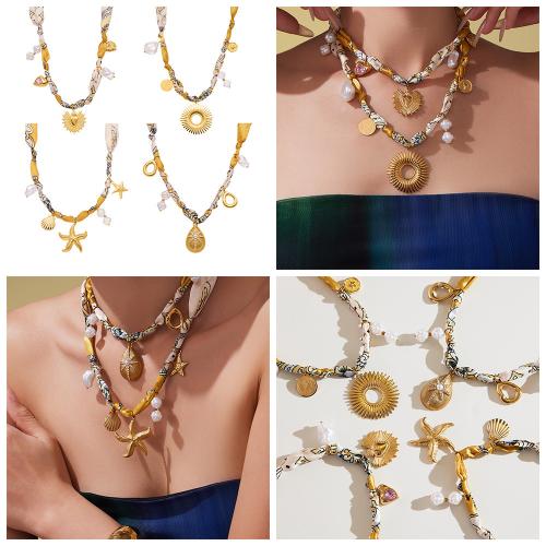 Stainless Steel smycken halsband, 304 rostfritt stål, med Silke & Plast Pearl, guldfärg pläterade, mode smycken & micro bana cubic zirconia, fler färger för val, Säljs av PC