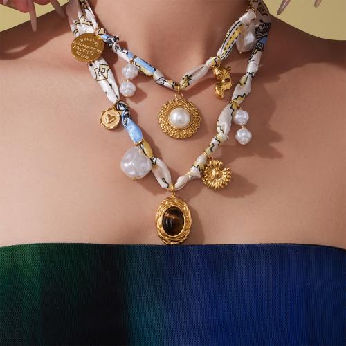 Mode halsband smycken, 304 rostfritt stål, med Silke & Tiger Eye & Plast Pearl, guldfärg pläterade, mode smycken & micro bana cubic zirconia & emalj, fler färger för val, Säljs av PC